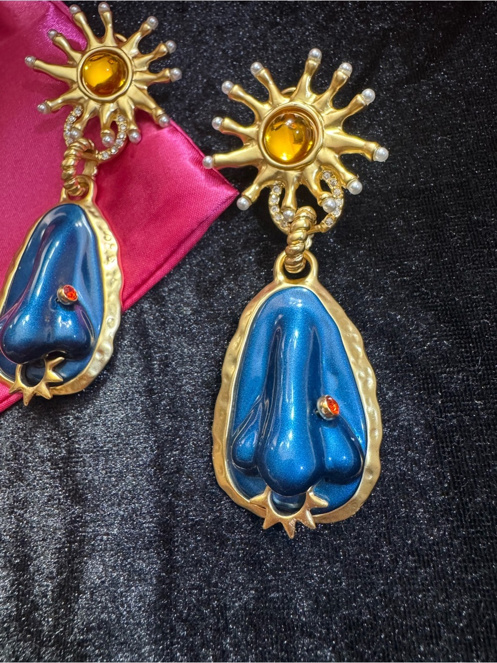 Schiaparelli inspired face anatomy inspired Blue Enamel Sun Drop Earrings